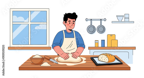 An illustrated man in an apron kneading dough on a wooden table in a kitchen, with a baked loaf of bread nearby.