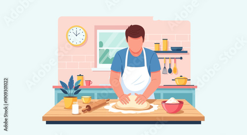 A man wearing an apron kneading dough on a wooden kitchen counter, surrounded by baking ingredients and kitchenware in a cozy home setting.