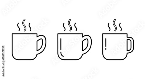 Set of three steaming coffee cups, minimalist line art, hot beverage icons