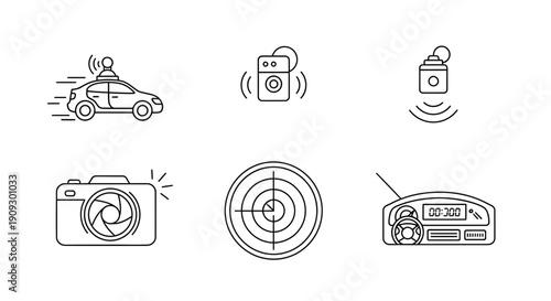 Set of technology and communication icons: car, camera, radar, radio, drone, device