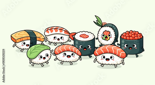 A delightful illustration featuring a group of various cute, anthropomorphic sushi characters with happy faces, walking together on a light green background.