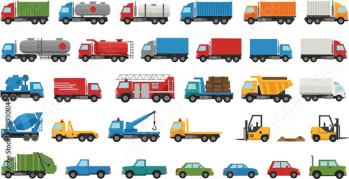 Collection of cargo trucks and construction vehicles illustration, flat vector transport set with tanker dump mixer crane garbage delivery lorry isolated