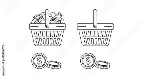 Shopping basket full of products and empty basket with coins, online shopping concept