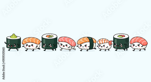 A delightful illustration of various cute, anthropomorphic sushi pieces with smiling faces, walking in a cheerful line against a light blue background.