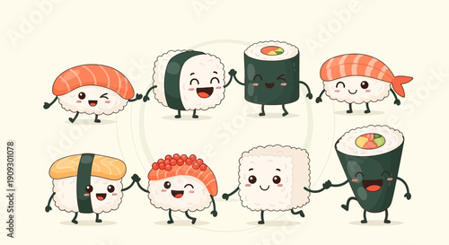 Adorable cartoon sushi characters with happy faces holding hands in a friendly circle.