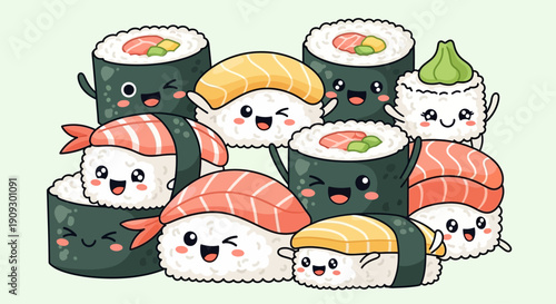 Cute cartoon Japanese food collection with happy faces, including sushi, onigiri, and ramen bowls on a light green background.