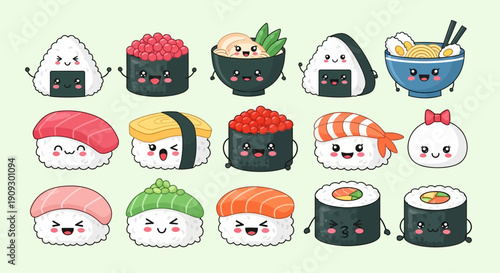 Cute cartoon Japanese food collection with happy faces, including sushi, onigiri, and ramen bowls on a light green background.