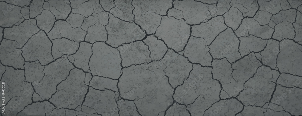 Fototapeta premium Cracked, dry earth background with a gray, textured surface. The gray background features a natural, rugged pattern. Dry cracked soil texture background. Gray background vector.