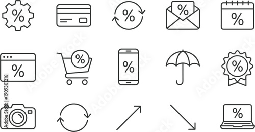 Complete Financial Services Line Icons Set, Including Credit Cards, Interest Rates, Loans, Mortgage, Mobile Payments, Cashback, Banking, and Investment Protection Vector Illustration
