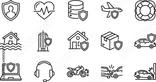 Comprehensive Insurance and Protection Line Icons Vector Set, Covering Life, Health, Home, Car, Travel, Data Security, and Property Safety Symbols for Financial Security.