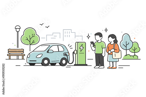 Illustration of asian adults charging electric car at city station