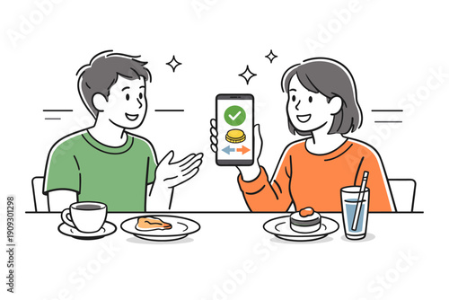 Young caucasian adults discussing mobile payment over breakfast