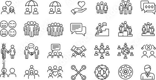 Comprehensive Line Icon Set Representing Human Relationships, Community Connection, Teamwork Collaboration, Social Networking, Partnership Support, Professional