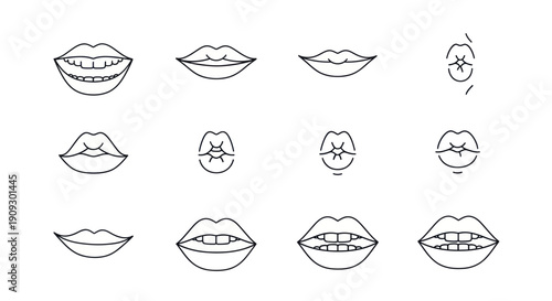 Collection of Mouth and Lips Line Drawings - Various Expressions