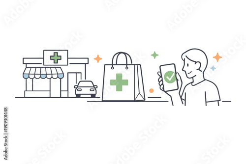 Male using smartphone for online pharmacy shopping and delivery