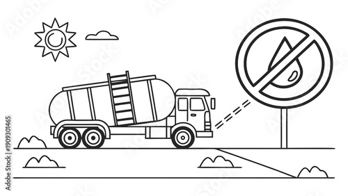 Line art illustration of a tanker truck driving past a no entry sign on a road.
