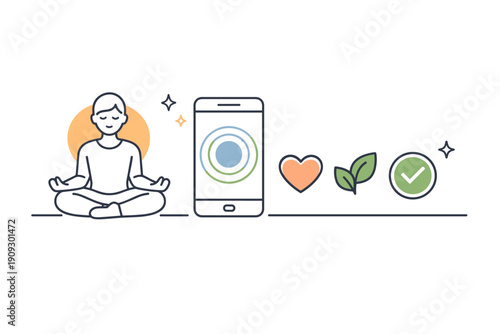 Meditation app concept with relaxed figure and wellness icons