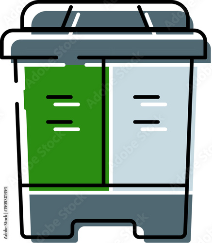 Container with multiple labeled compartments for sorting recyclables and waste, promoting eco friendly disposal, sustainability and responsible household or public waste management practices