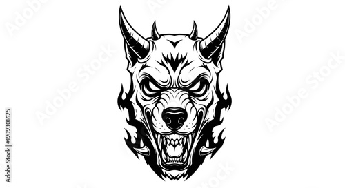 Fierce Demon Dog Head with Flames, Evil Wolf Monster, Tattoo Design