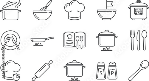 Cooking, Kitchenware, and Culinary Line Icons Set, Including Chef Hat, Pot, Pan, Utensils, Recipe Book, 