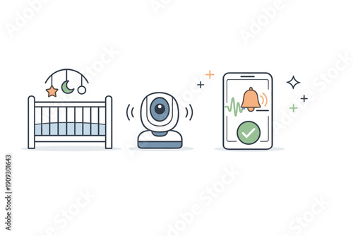 Baby monitor setup with crib, camera, and smartphone notification system