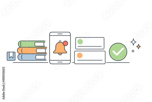 Digital learning concept: books, smartphone notification, task management icons