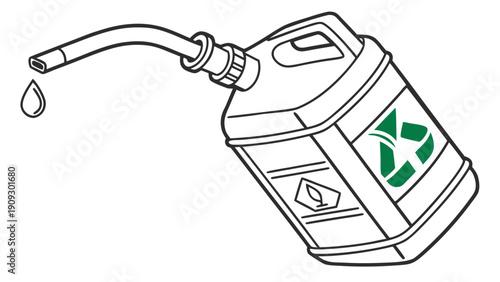 Oil can with recycling symbol and spout leaking.