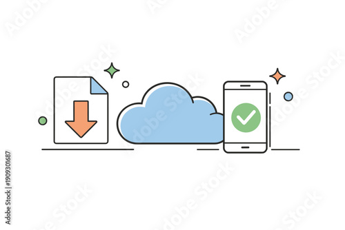 Cloud storage technology with file download icon and smartphone verification