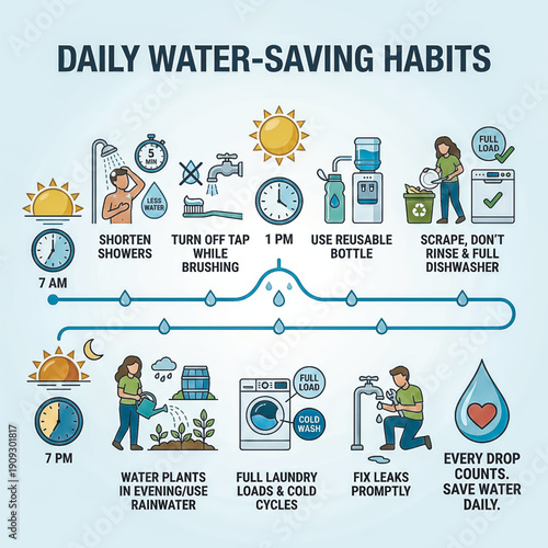 helpful and educational illustrating daily routine of water-saving habits, from morning to evening. practical tips for conserving water at home to promote sustainability and environmental awareness