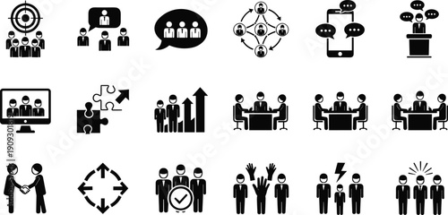 Corporate Business Teamwork And Communication Solid Icon Set Featuring Professional Meetings, Leadership Strategy, Target Audience, Global Networking, Success, And Collaboration,