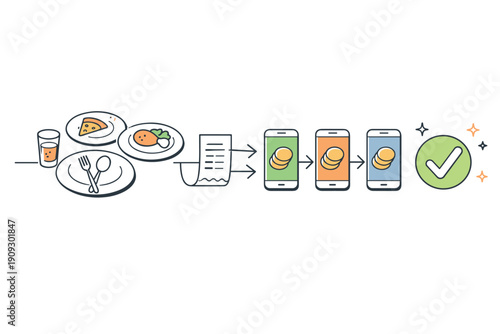 Seamless digital food payment process illustration with mobile devices
