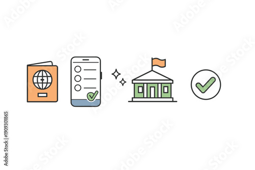 Passport verification process with mobile and government approval icons