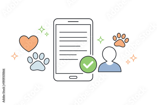 Mobile pet adoption concept with smartphone, paw prints, and user icon