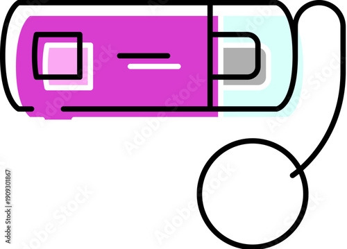 Usb flash drive in purple line art style on white background, isolated studio shot symbolizing portable digital storage, data transfer, backup and modern tech connectivity