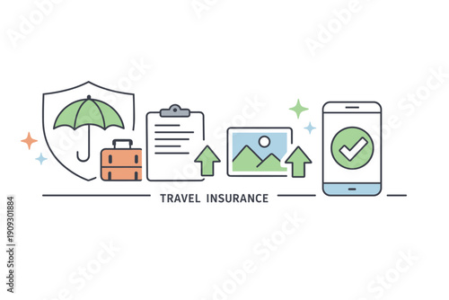Travel insurance icons: protection, luggage, documentation, images, mobile approval