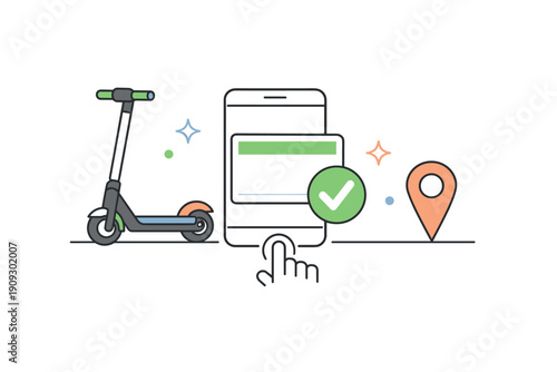 Electric scooter rental concept with smartphone app interface and location icon