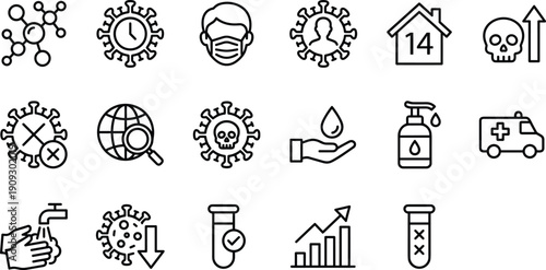 COVID-19 Coronavirus Pandemic, Health, and Safety Icon Set: Mask, Quarantine, Vaccine, Testing, Hygiene, Global Infection, Mortality Rate, and Virus Prevention Symbols.