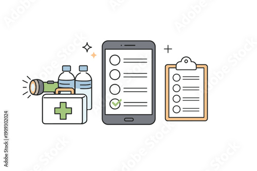 Emergency preparedness kit essentials with checklist and supplies icons
