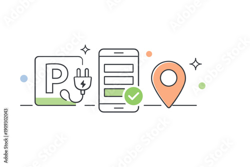 Electric vehicle parking app: navigation, booking, charging, location feature illustration