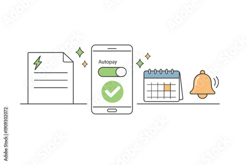 Autopay setup: icon illustrations showing bill payment automation with calendar and notification