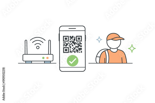 Qr code wi-fi connection with smartphone and courier concept