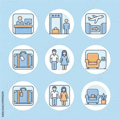 A set of modern, colorful line icons representing various stages of air travel, including check-in, airport security, boarding gate, luggage, passengers, and the waiting lounge. Vector illustration