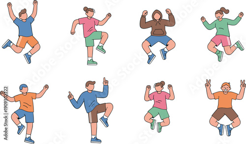 Set of happy diverse people jumping and celebrating with joy and success flat vector illustration