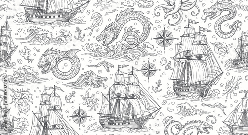 Vintage Nautical Pattern: Sailing Ships, Sea Monsters, and Compass Roses in Sketch Style