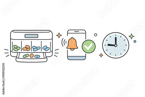 Automated pill dispenser with mobile reminder and timer icon illustration