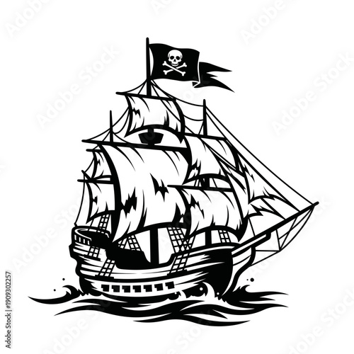 Pirate Ship Silhouette with Jolly Roger Flag Sailing on Wavy Water