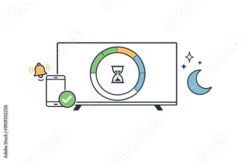 Screen time management concept with mobile notification and hourglass