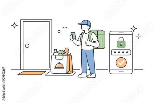 Contactless grocery delivery illustration with courier and smart lock app
