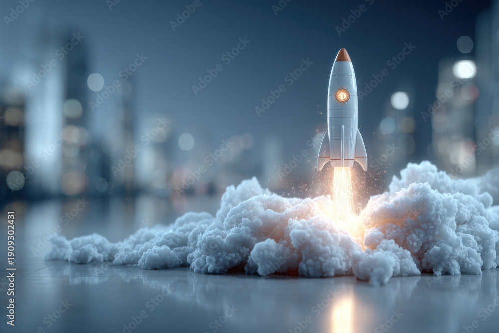 Naklejka premium A rocket takes off and leaves clouds of smoke on an office desk.
