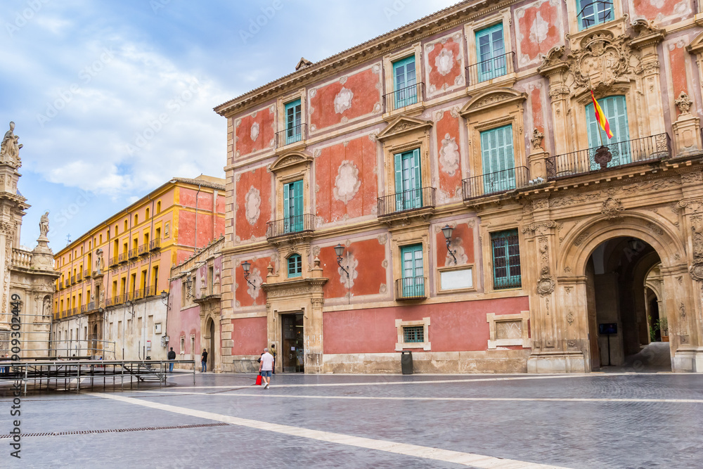 Fototapeta premium Cathedral square with colorful buildings in Murcia, Spain